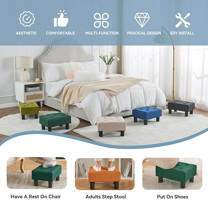 Poofzy Small Foot Stool Ottoman, Linen Ottoman Foot Rest with Legs, Rectangle Foot Rest for Couch, Footstools and Ottomans Small for Living Room and Entryway (Green)
