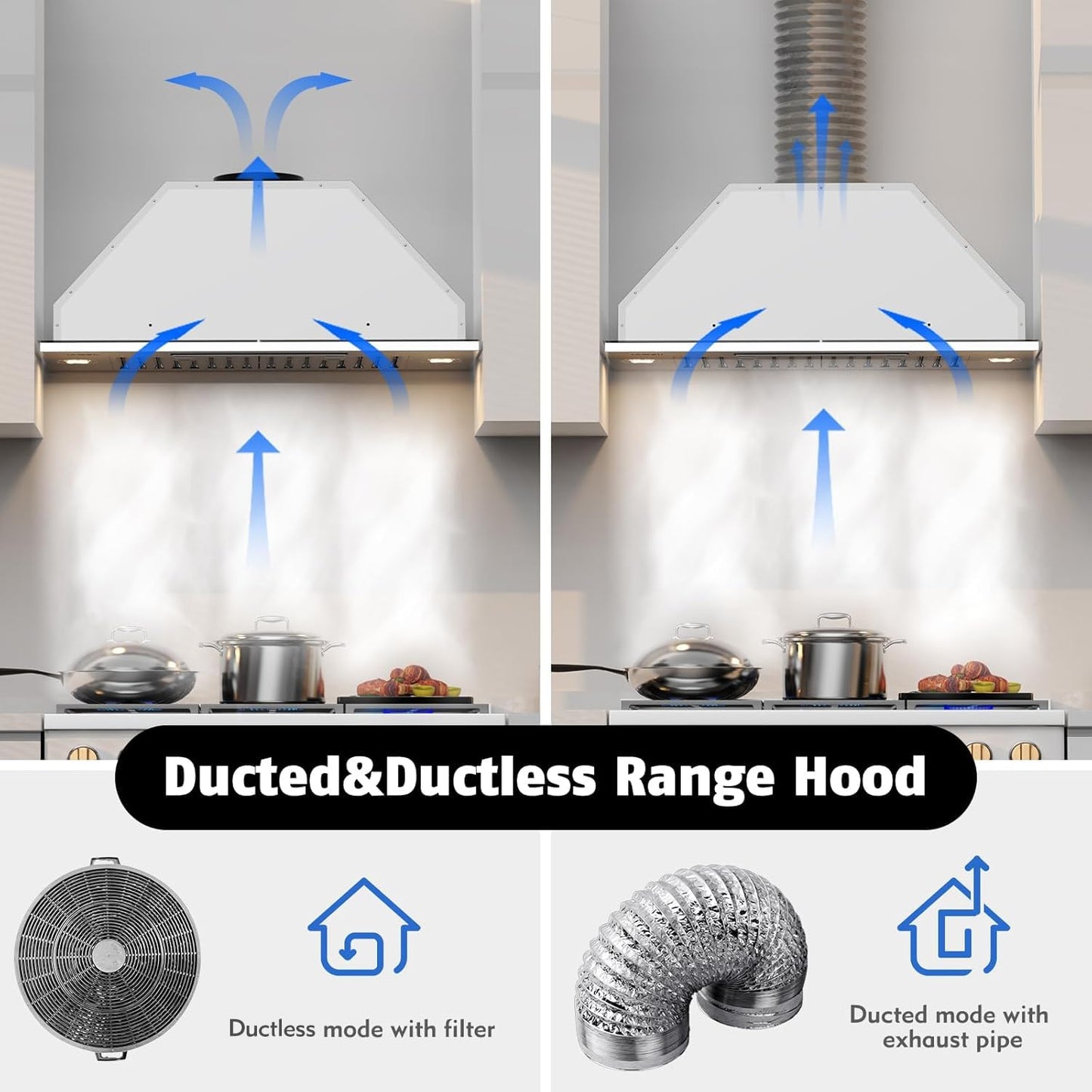 Range Hood Insert 36 inch,Built-in Kitchen Hood with 900 CFM, Ducted/Ductless Convertible Kitchen Vent Hood,Stainless Steel Stove Hood with 4 Speed Gesture Sensing&Touch Control Panel