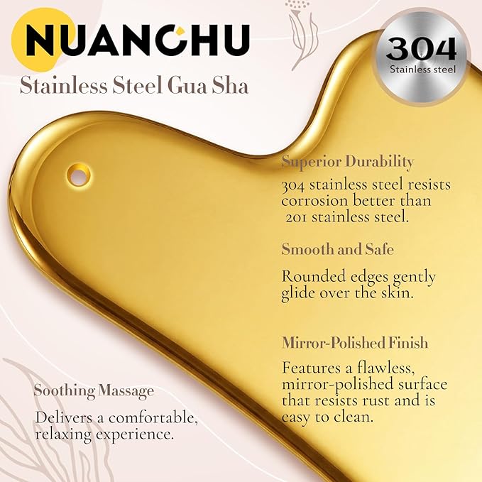 Nuanchu Stainless Steel Gua Sha Facial Tools Metal Guasha Tool for Face Body Jawline Shaper, Double Chin Reducer, Puffiness Reducing, Lymphatic Drainage Massager Skin Care Gift with Pouch(Gold)