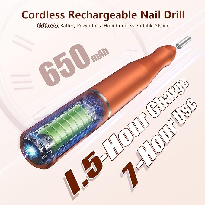 Cordless Nail Drill Electric Rechargeable File Kit, Professional Efile Acrylic Gel Nail Polish Remover Pedicure Manicure Machine Portable Set with 11 Bits 56 Sanding Bands for Salon Orange