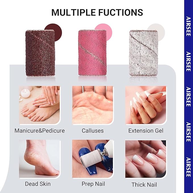 AIRSEE Sanding Bands for Electric Nail Drill 100 Piece Set 180 Grit Medium Acrylic File Attachments Professional 1 Sander Mandrel Bit Beauty Salon Accessories Manicure and Pedicure Finger Callus Zebra