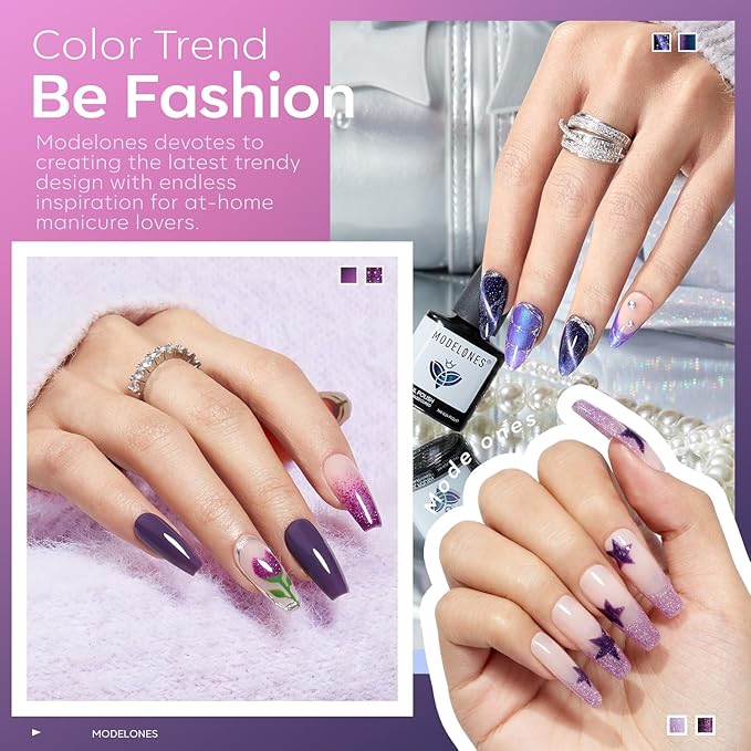 modelones Gel Nail Polish Set, 6 Colors 2026 Winter Purple-Red/Black/Blue Sparkle Chameleon Glitter Gel Polish Purple-Black Color Changing 9D Cat Eye Nail Polish With Magnet LED Nail Art DIY Gift