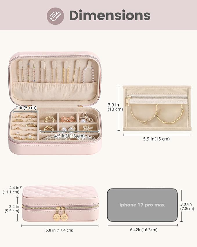 Lolalet Travel Jewelry Case for Women Girls, Travel Jewelry Organizer with Clear Storage Bag Small Portable Jewelry Box for Necklace Bracelet Earring Ring Birthday Bridesmaid Gifts -Medium/Pink