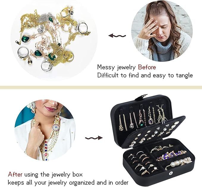 Hatori Travel Jewelry Box, PU Leather Small Jewelry Organizer for Women Girls, Portable Mini Travel Case Display Storage Holder Boxes for Stud Earrings, Rings, Necklaces, Bracelets (Black02)
