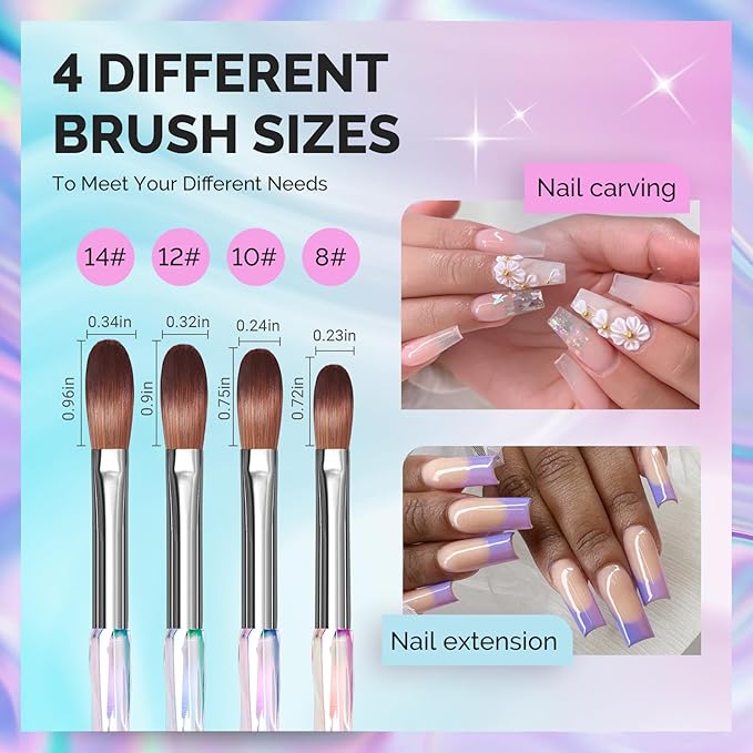 MelodySusie 4Pcs Acrylic Nail Brush Set, Size 8/10/12/14/ Professional Nail Brushes for Acrylic Application Acrylic Powder Nail Extension and 3D Nail Carving for DIY Home Salon Nail Art Manicure Tool