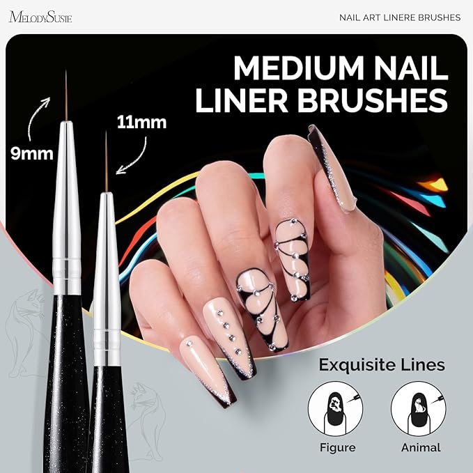 MelodySusie Nail Art Liner Brushes 5Pcs Professional Gel Polish Painting Art Design Pen Set for Thin Long Lines, Tiny Details, Fine Drawing, Delicate Coloring Sizes 5/7/9/11/20mm