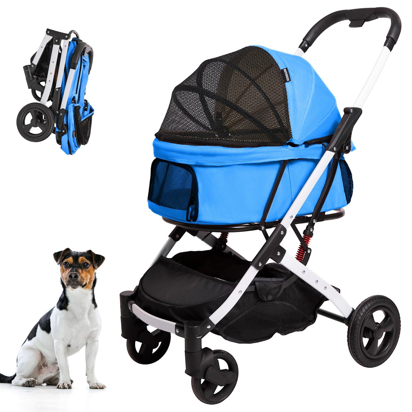 BETSOCCI Pet Stroller for Medium Small Dog & Cat, Foldable Lightweight Dog Stroller with Storage Basket Pet Travel Carriage with Safety Leashes, 4 Wheel, Blue
