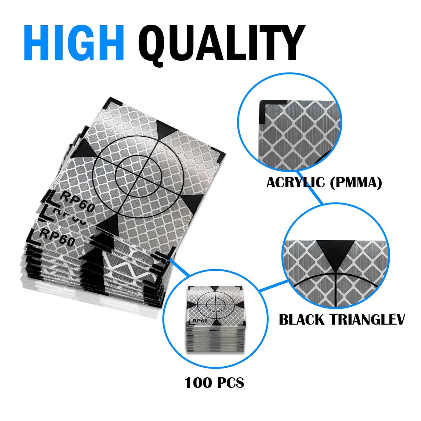 Liyuusi 60X60MM 100PCS Reflector Targets for Total Stations Paste Up Reflector, Survey Target Mark with Black Triangle Reflective Sheet for Total Stations,White