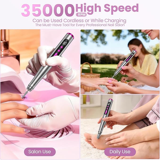 Cordless Nail Drill 35000RPM, Portable Electric Nail File for Acrylic Gel Nails, Professional Manicure Pedicure Kit, Rechargeable efile Set for feet with LCD Display, Low Noise Low Vibration-Grey
