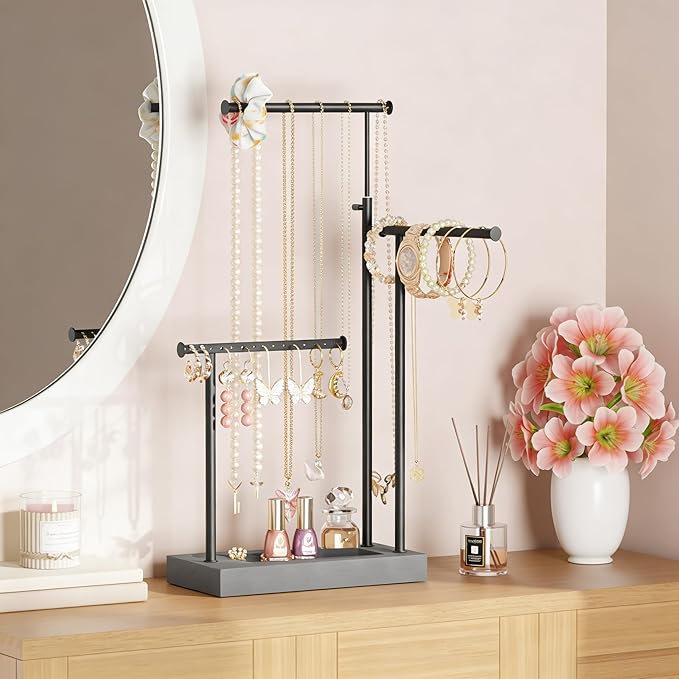 SRIWATANA Jewelry Organizer Display Extra Tall Necklace Holder 3 Tier Jewelry Tree Stand, Gift Idea (Weathered Grey & Black)