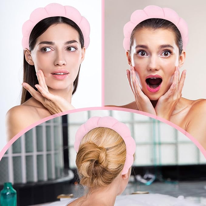 Pink Spa Headbands for Women and Girls - Terry Cloth for Washing Face, Makeup Removal, Shower, and Hair Care