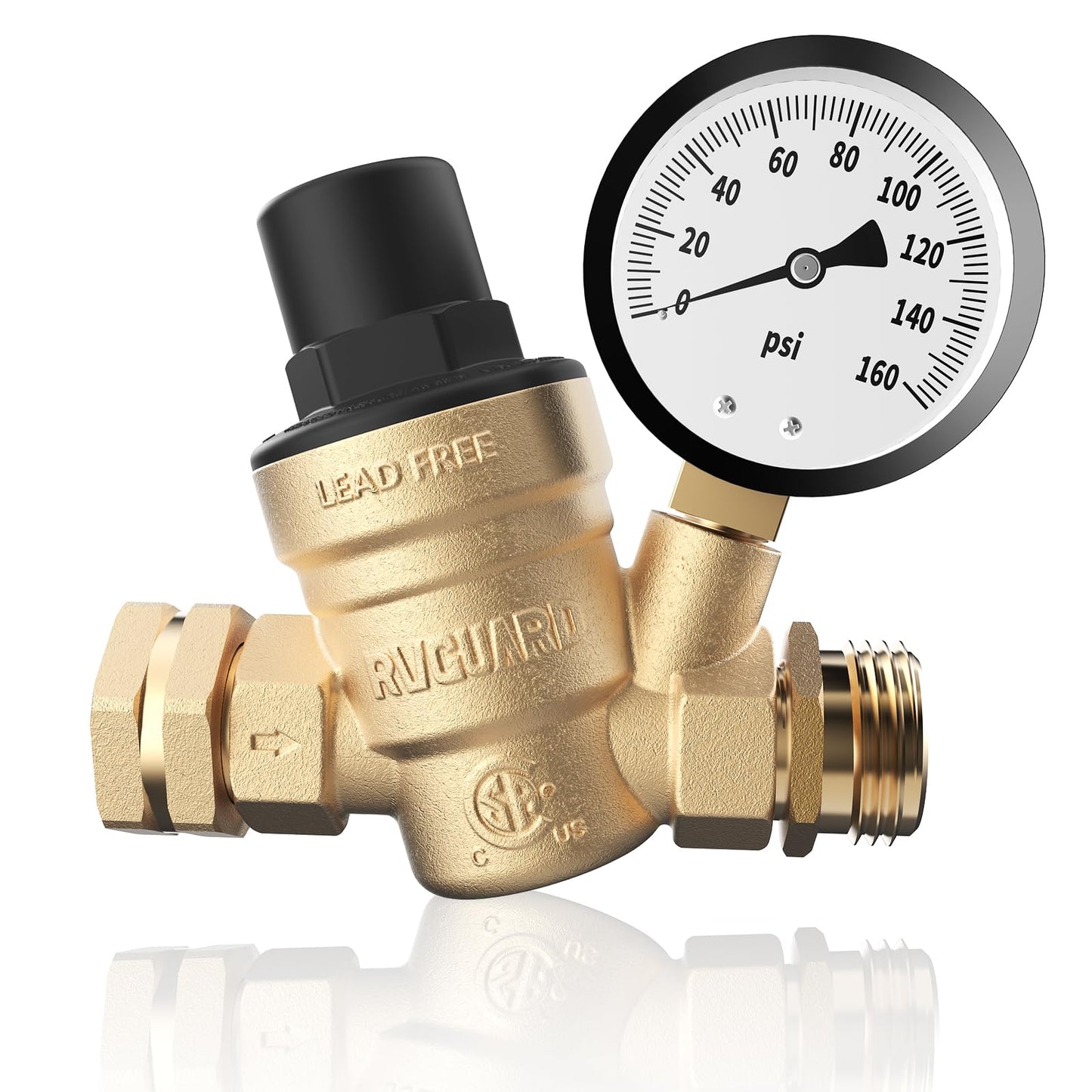 RVGUARD RV Water Pressure Regulator Valve, CSA Approved, Lead-Free Brass Adjustable Water Pressure Reducer with Gauge and Inlet Screen Filter for RV Camper Travel Trailer