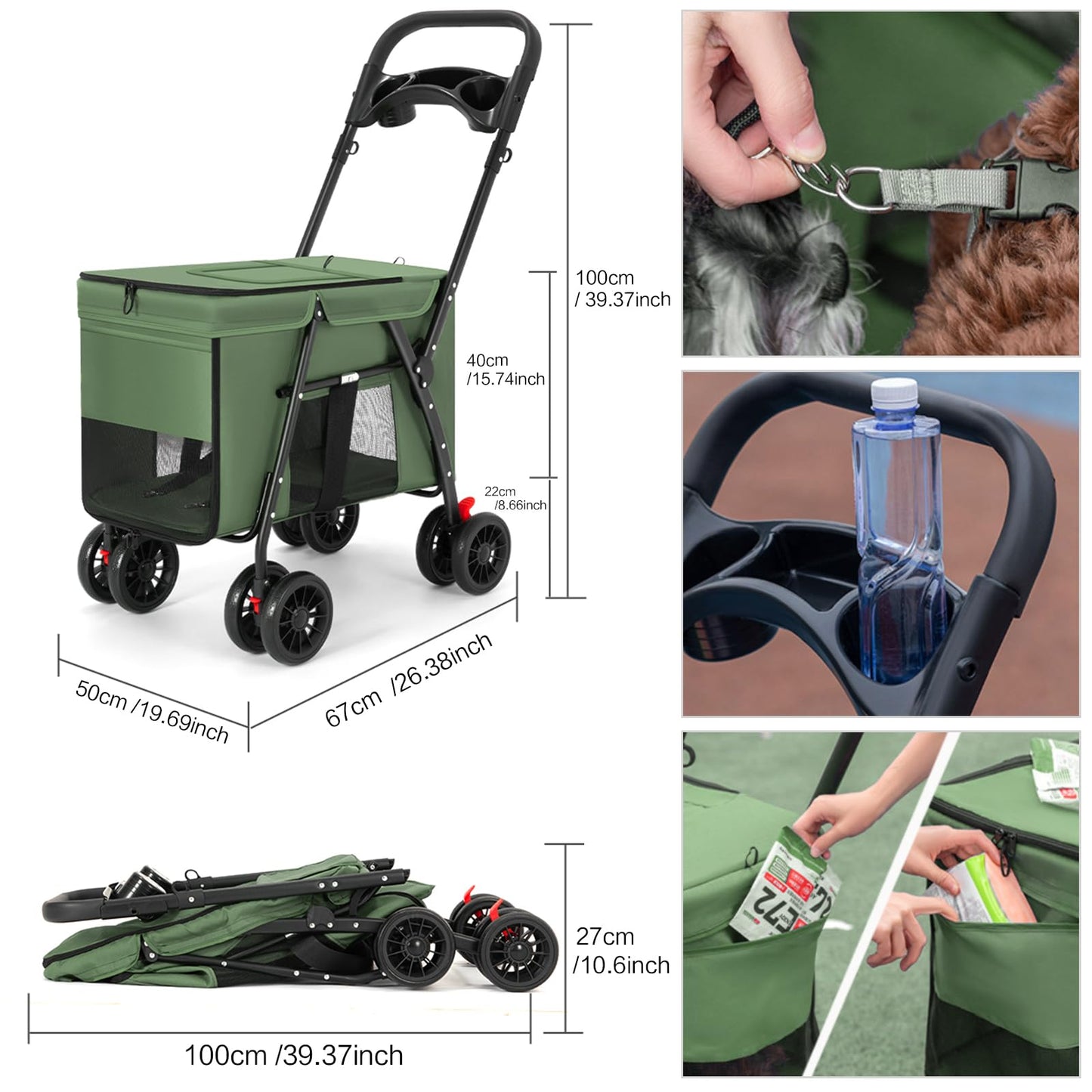 Pet Stroller Cat Dog Stroller Travel Folding Pet Carriers（Green）