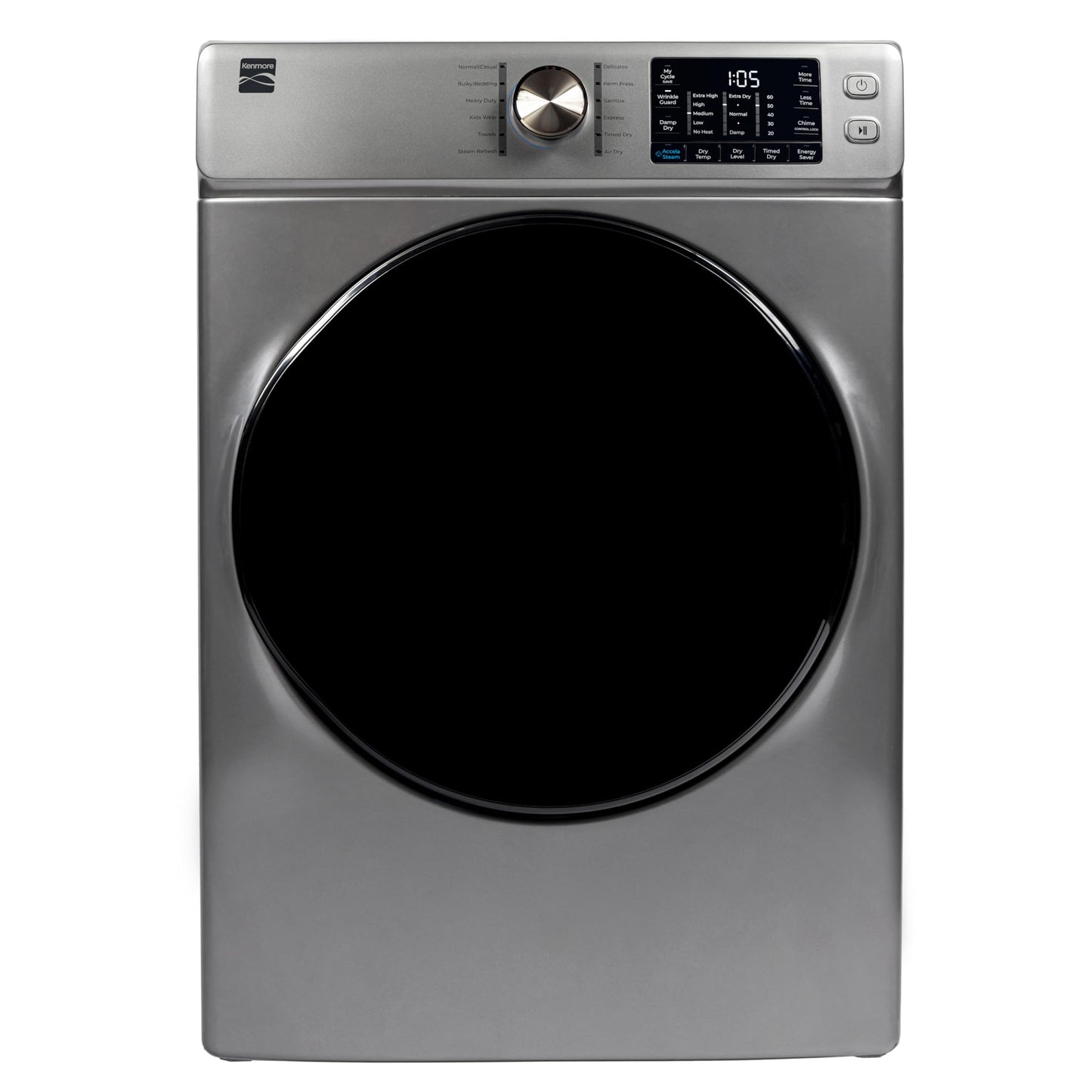 Kenmore 8.0 cu. ft. Front Load Gas Dryer - Wrinkle Guard with Accela Steam to Reduce Static and Odors - Smart Sensor Drying - LED - Metallic Silver