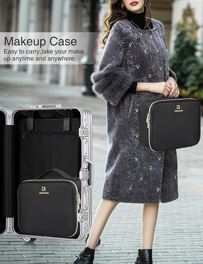 Relavel Travel Makeup Train Case Makeup Cosmetic Case Organizer Portable Artist Storage Bag with Adjustable Dividers for Cosmetics Makeup Brushes Toiletry, Black with Gold Zipper