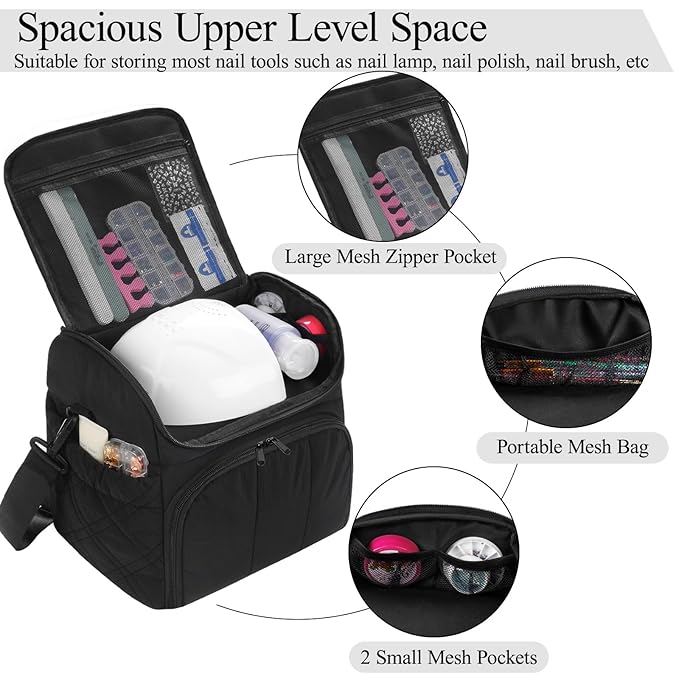 Nail Polish Organizer with 2 Detachable Cases Hold 60 Bottles & Nail Lamp, Portable Nail Organizers and Storage with Handle & Shoulder Strap, Travel Nail Bag for Manicure Tools