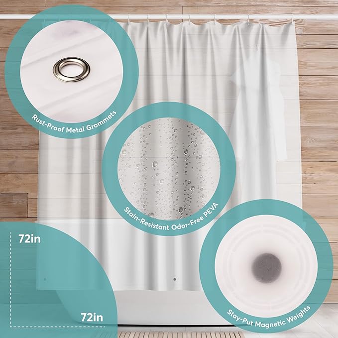 BigFoot Clear Shower Curtain - 72x72 Odorless Plastic with Magnets, Washable Long Bathroom Curtain - Premium PEVA Waterproof Bath Curtain, Rust-Proof Bathroom Essentials