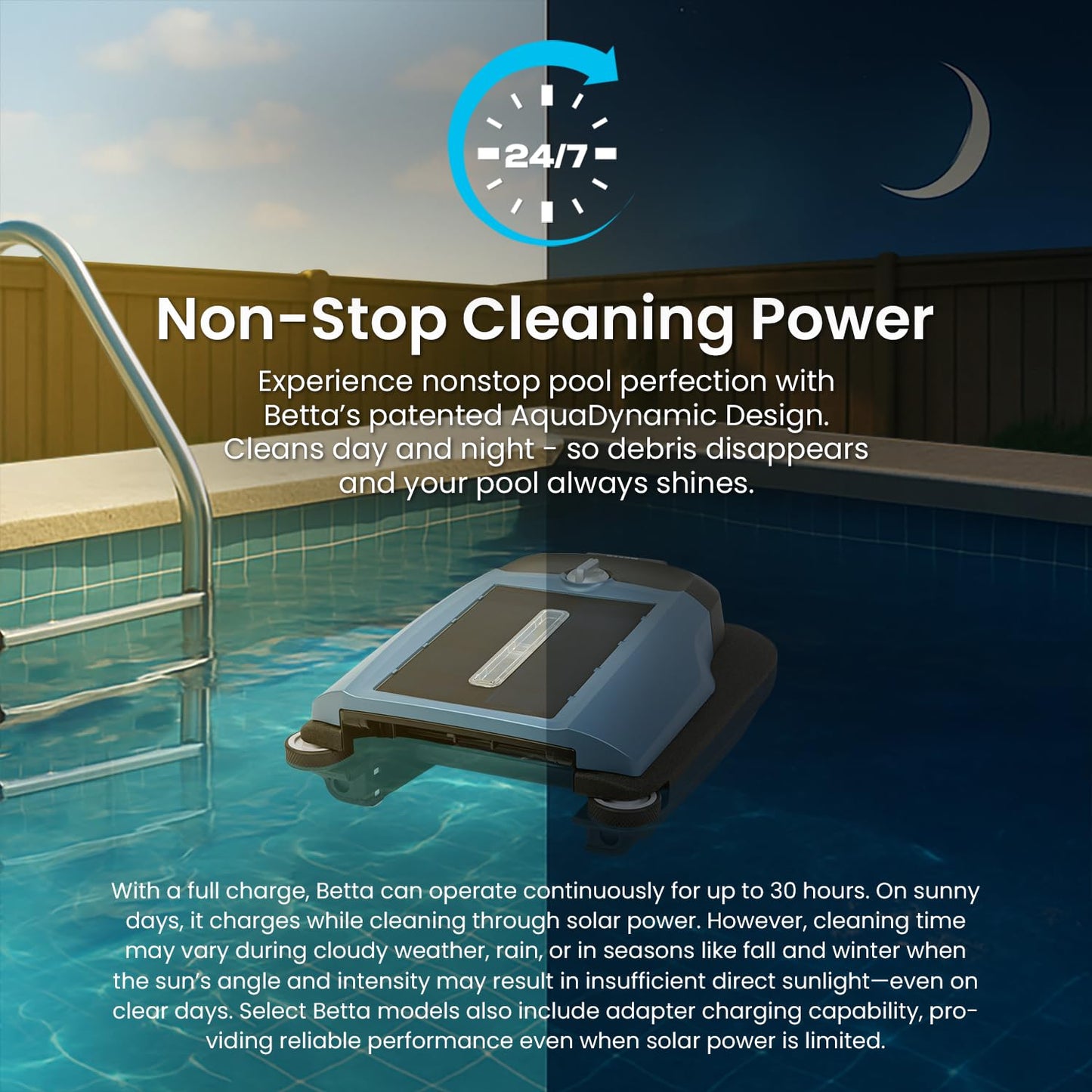 Betta Flex Solar-Powered Robotic Pool Skimmer – Cordless with Dual Cleaning Modes, Soft-Touch Pool Protection. Compatible with Infinity Edge, In-Ground & Above-Ground Pools (Blue)