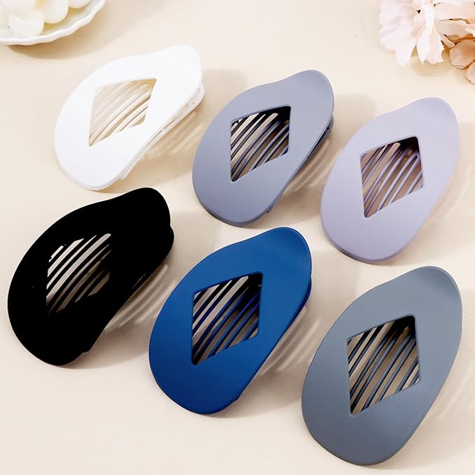 Large Flat Round Hair Clips Oval Claw Clips for Thick Medium Thin Hair 6Pcs Non Slip Strong Hold Barrettes Duckbill Accessories for Women Girls Matte Solid Color Grey Blue