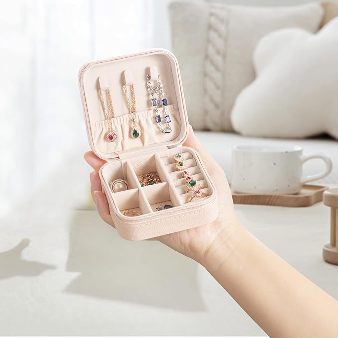 Mini Jewelry Travel Case,Small Jewelry Box,Traveling Jewelry Organizer,Portable Jewellery Storage Holder for Rings Earrings Necklace Bracelet Bangle for Girls Women(Pink - 1 pack)