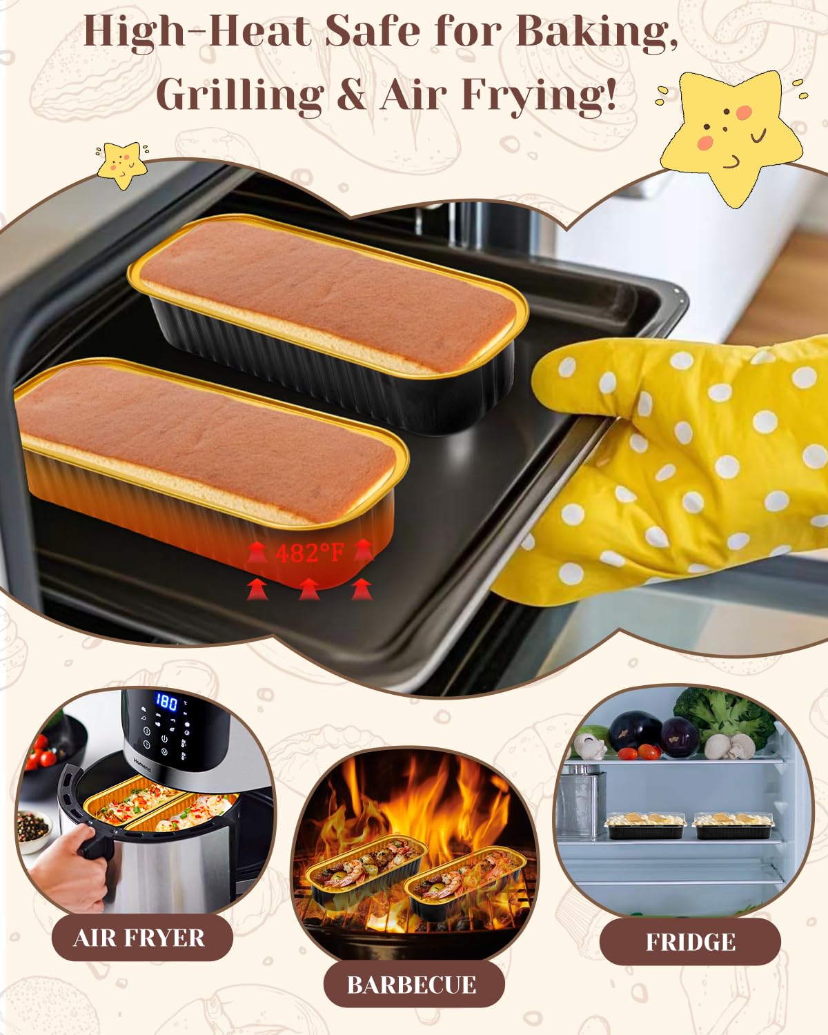YQER 100 Pack Mini Loaf Pans with Lids, Spoons & Stickers – Disposable Aluminum Foil Baking Cake Containers for Oven, Air Fryer & Freezer – Ideal for Cakes, Bread, Pudding, Parties & Gifting, Black