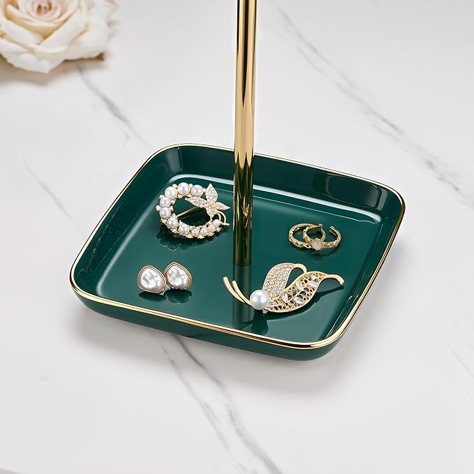 Jewelry Holder Stand with Ceramic Base: 12" Tall Necklace Organizer Rack, Tree Design Display Storage for Necklaces, Bracelets, Rings, Earrings, Aesthetic Room Décor for Girls and Women, Green