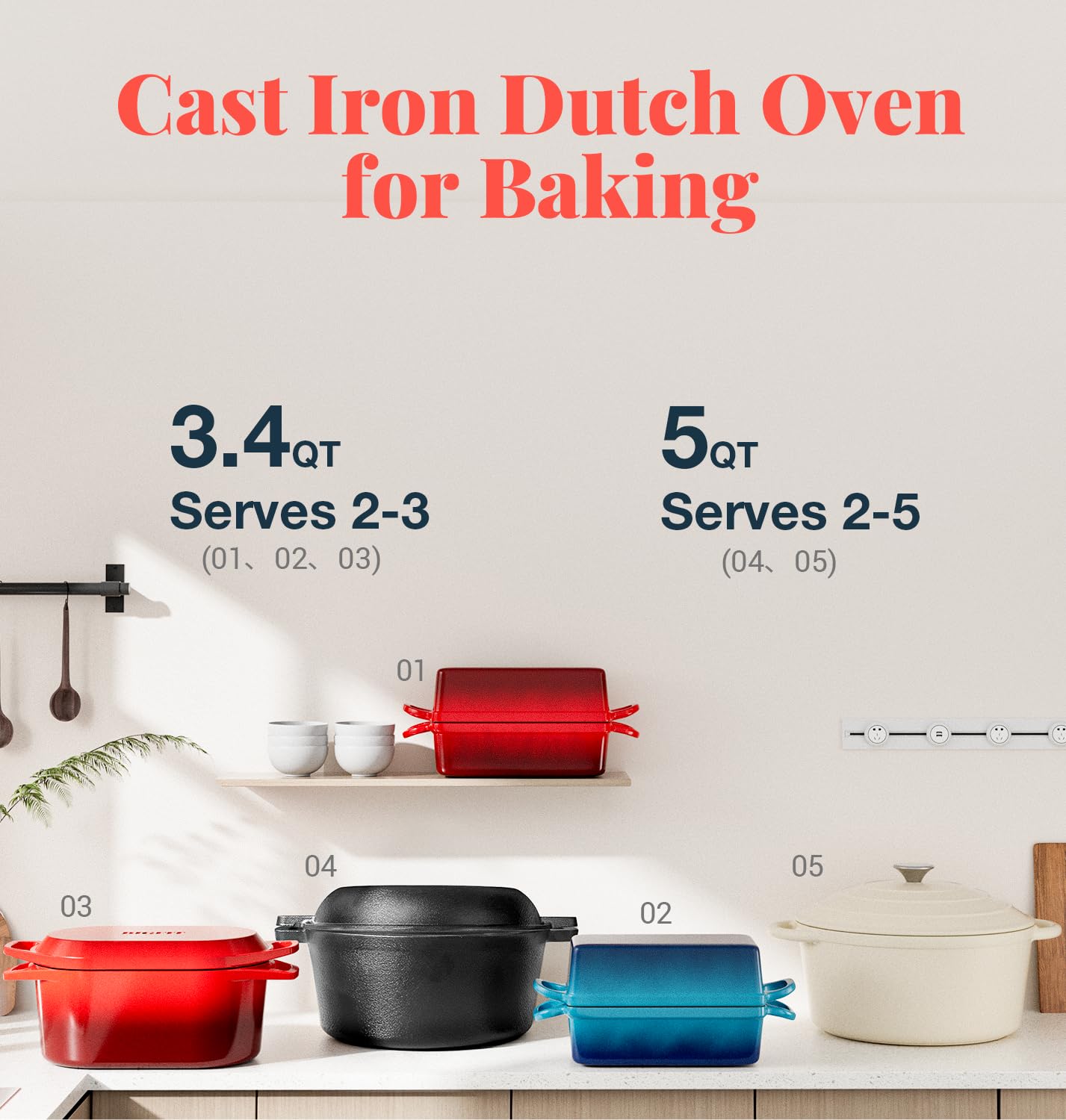 2 IN 1 Cast Iron Bread Loaf Pan with Lid, 3.4QT 9x5 Inch Dutch Oven for Bread Baking, Even Heating Bread Oven, Enameled Bread Pan for Homemade Sourdough Bread Baking & Versatile Cooking, Blue