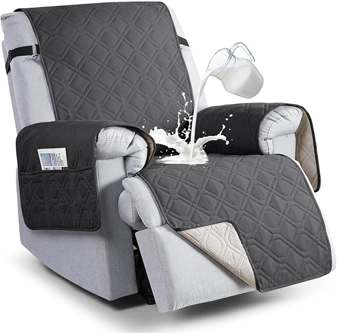 VANSOFY 100% Waterproof Recliner Chair Covers, Recliner Cover Non-Slip Dog Chair Cover Furniture Protector Washable Slipcover with Pocket, Elastic Straps for Pets, Dogs(Charcoal Gray, 22")