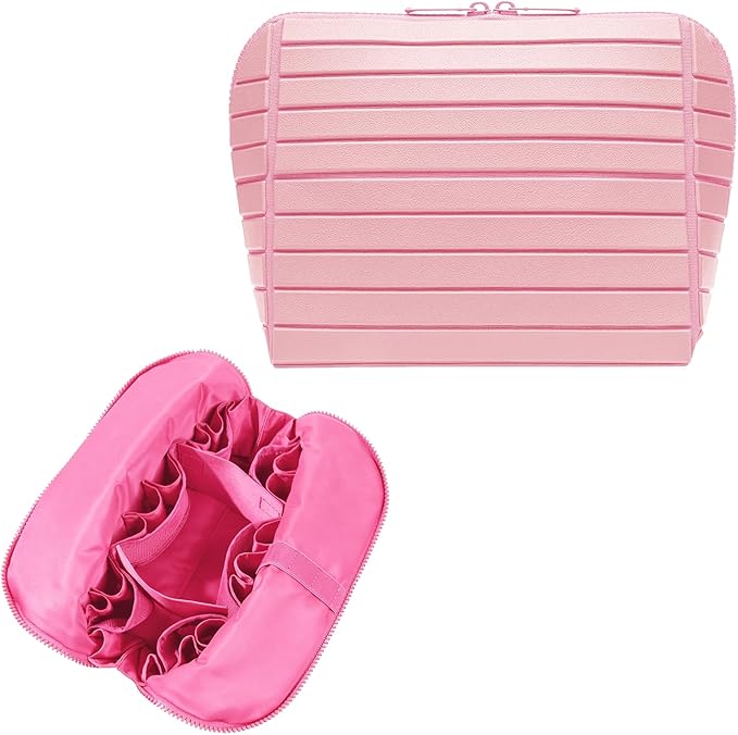 Travel Makeup Organizer Bag with Fold-Down Design and Adjustable Dividers, 27 Pockets & 3 Brush Storage Holders, Large Capacity Cosmetic Bags Toiletry Case - Pink