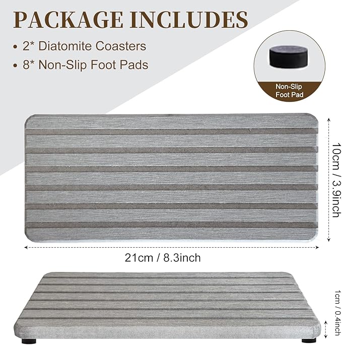 2PCS Fast-Dry Diatomite Sink Tray Set, Ultra Absorbent Soap Holder & Coaster with Non-Slip Feet & Grooved Design, Bathroom Kitchen Countertop Organizer, 8.3x4 Inches (Grey)