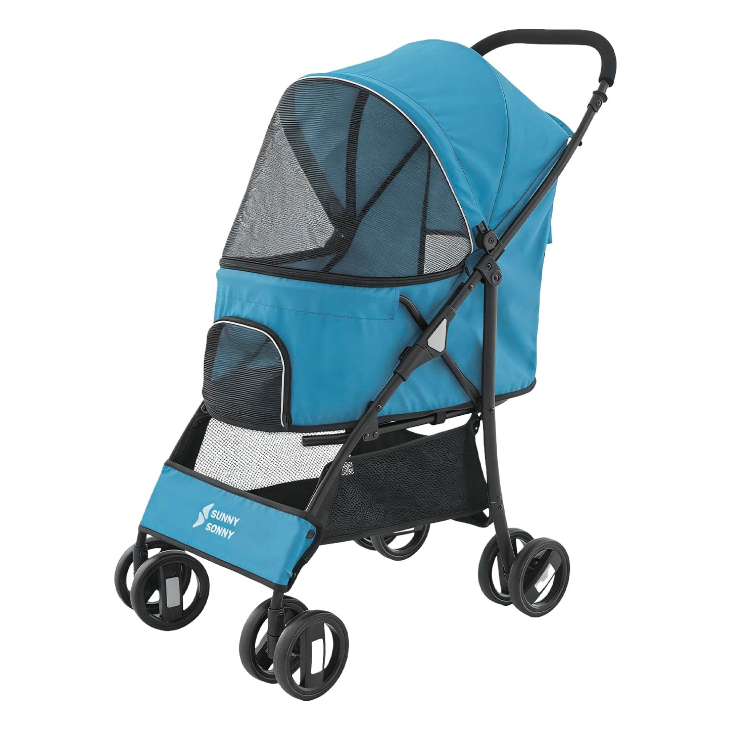 4 Wheels Pet Stroller,Easy-Foldable Dog Cat Cage Jogger Stroller with Weather Cover for All-Season,Storage Basket and Visible Mesh for Small/Medium Pets up to 33lbs (Blue)