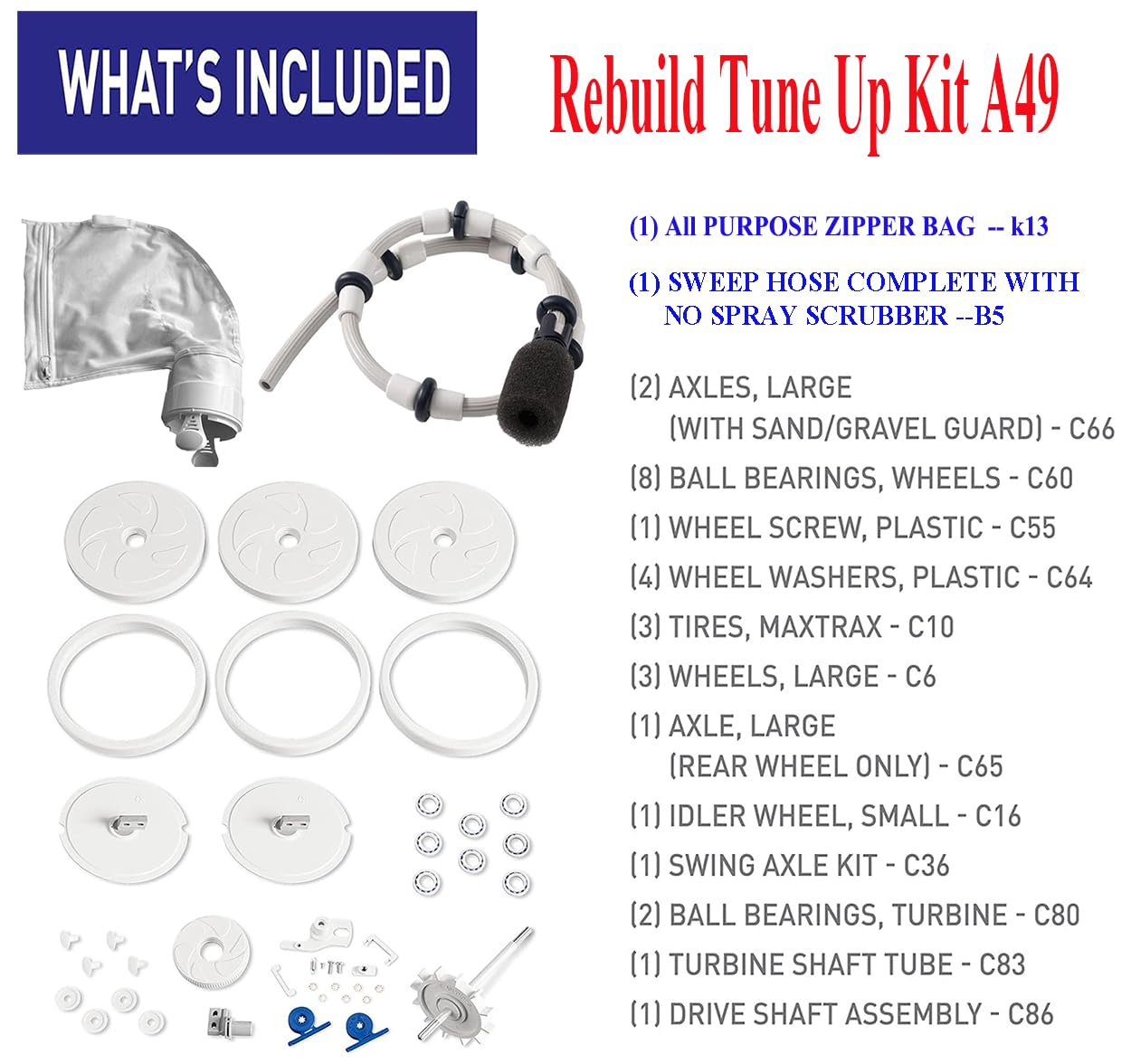ATIE Pool Cleaner Tune Up Rebuild Kit A49 Compatible with Polaris 280, TR28P Pool Cleaner with Wheel, Tire, Drive Shaft, Turbine Bearing, All Purpoe Bag, Sweep Hose, Wheel Bearing, Tailsweep Pro