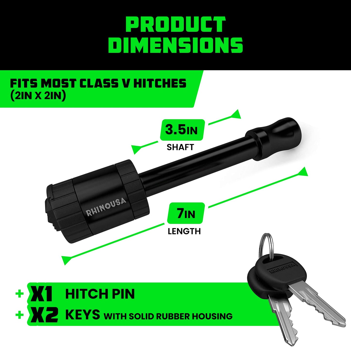 Rhino USA 2” Trailer Hitch Pin – Patented Locking Receiver Pin for Class III/IV Hitches – Weatherproof, Anti-Theft, Debris-Protected – Tow Truck Ready – Black 1PK