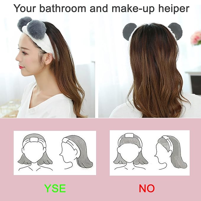 Panda and Bear Headbands for Women Washing Face, Makeup, Girls and Baby Cute Elastic Facial Hair Bands, Beauty Products Spa Shower Headwrap Costume Hair Accessories