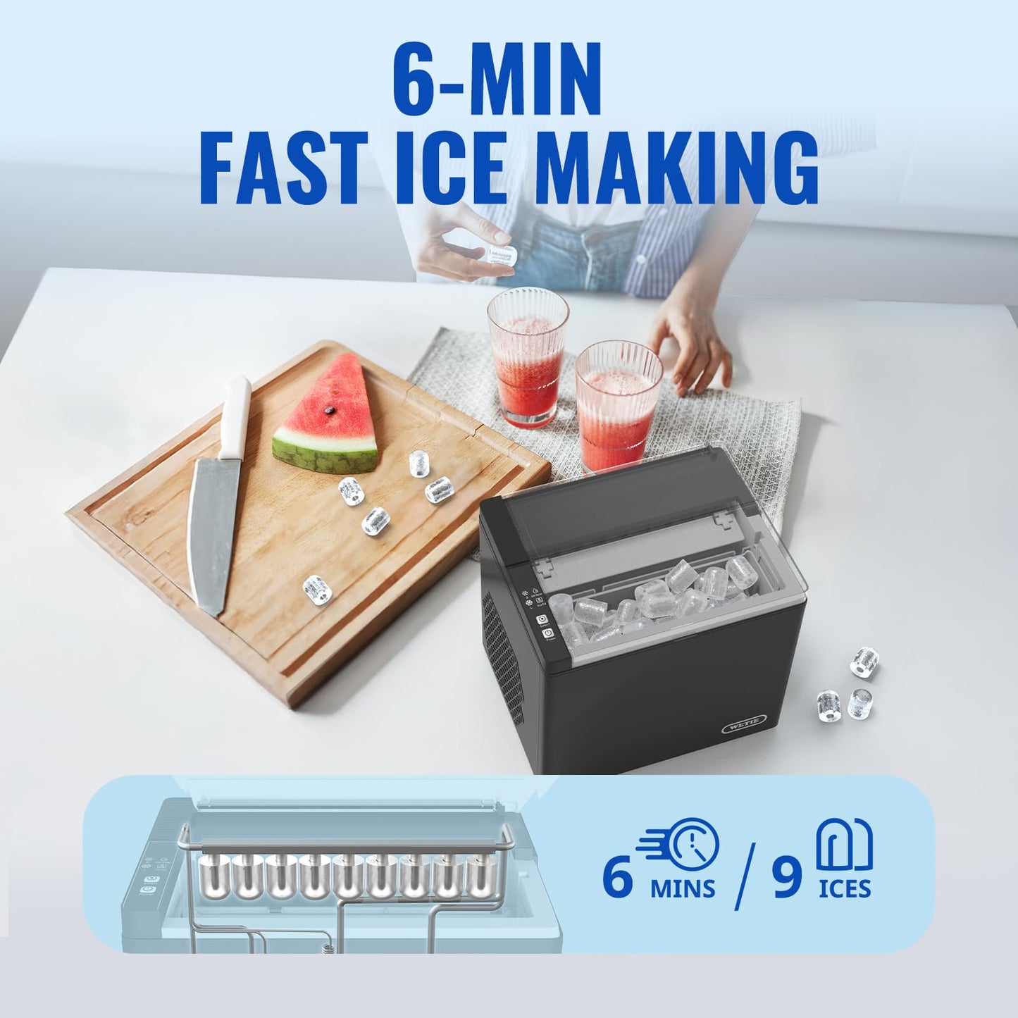 WETIE Ice Maker Countertop, 9 Bullet Ice Cubes in 6 Minutes, 26lbs/24Hrs with 2 Sizes, Portable Ice Machine with Basket, Scoop and Ice Pack, Compact ice Maker for Home, Kitchen, Camping, Party