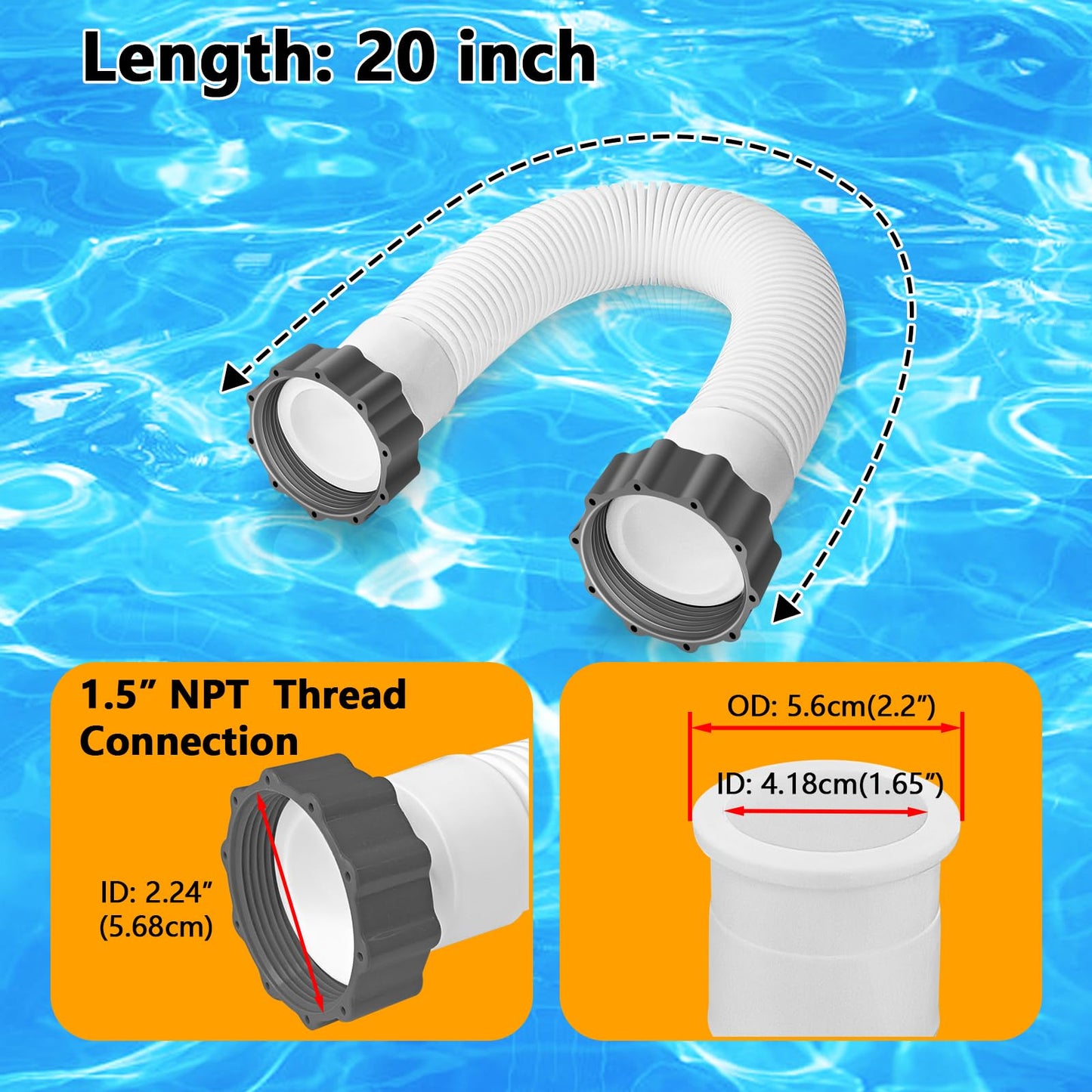 Boltigen 1.5'' Diameter Pool Sand Filter Pump Hose, 20inch Pool Pump Replacement Hose for Above Ground Pools, 2PCS Flexible Water Pool Hose Set for Filter Pump and Saltwater Systems, White