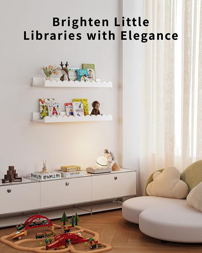 Shario Nursery Book Shelves, 4-Pack White Floating Shelves for Wall Kids, Scalloped Shelves, Wall Book Shelves for Bedroom Kids, Toddler Room, Baby Room, Nursery Decor