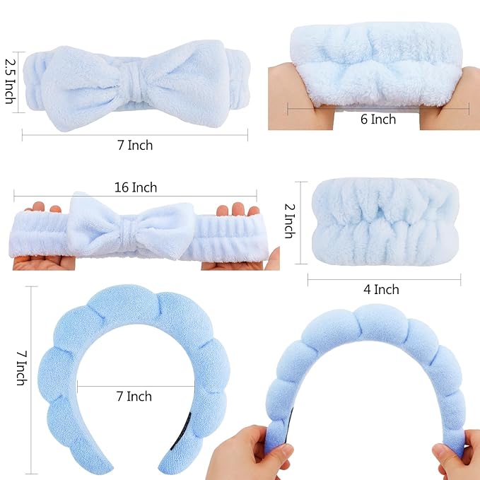 Chanaco Spa 4PCS Face Wash Hair Accessories in Blue - Makeup Headband, Skincare Headband with Bow Tie, Sponge Wrist Bands for Women and Girls