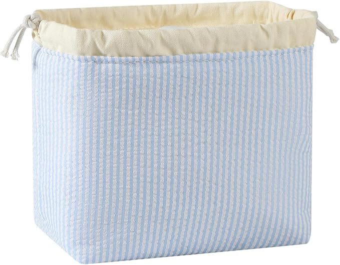 Cotton Quilted Seersucker Makeup Bag with Canvas Lining,Coquette Aesthetic Cute Travel Toiletry Bag,Drawstring Gift Bag for Women and Girls（Seersucker）