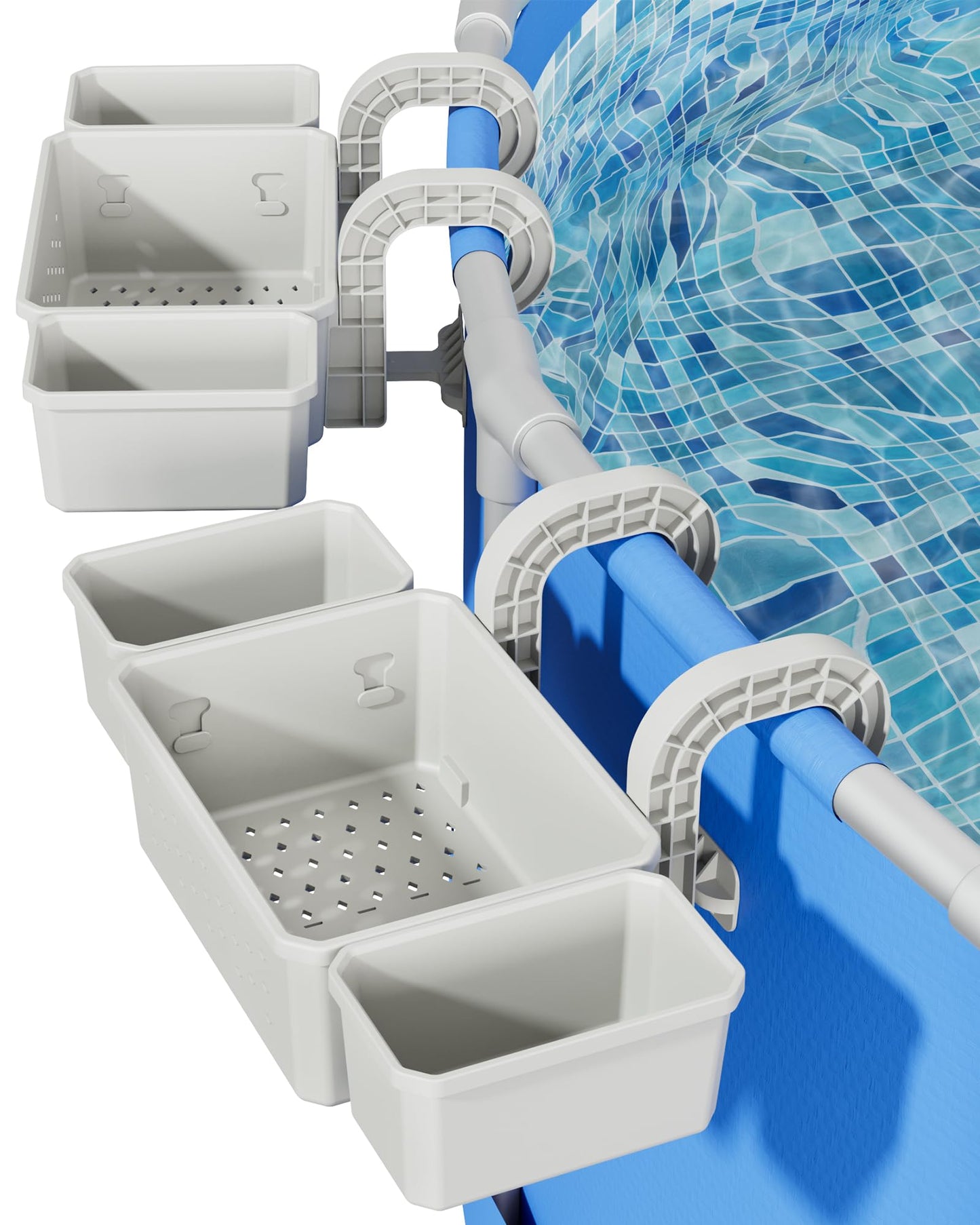 POOLHOUR [Patented] Poolside Storage Basket with 2 Cup Holders, Stretchable Above Ground Pool Accessories Organizer, Multifunctional Poolside Holder for Most Frame Pool Accessories (2Pack)
