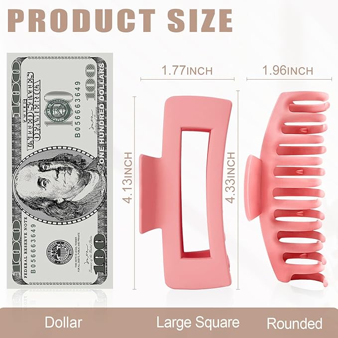 TOCESS Hair Claw Clips for Women - Large 8PK Neutral Matte Jumbo Square Hair Clips for Thick, Thin, Long, Short, Curly Hair Girls, Big Jaw Clip Set for Daily Use (Deep Pink)