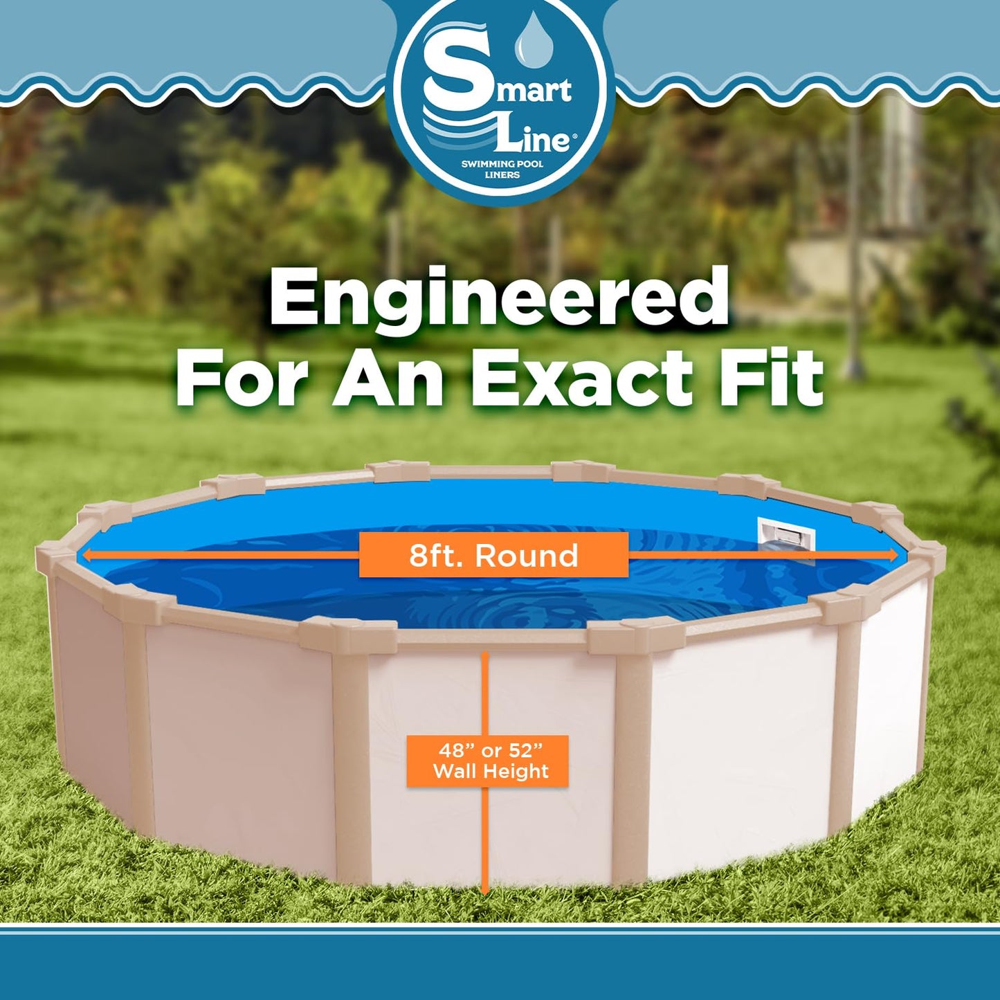 Smartline 8 ft Round Swimming Pool Liner | Solid Blue | Overlap Style | 48-52 Inch Wall Height | 25 Gauge Heavy Duty Virgin Vinyl | Designed for Steel Sided Above Ground Pools