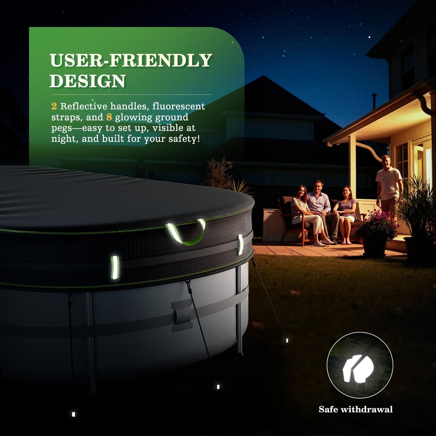 UIRWAY 10x16 FT Oval Pool Cover with Reflective Strips for Above Ground Pool, Oval Solar Pool Cover Including Windproof Rope Tie and Luminous Ground Nails, Swimming Pool Cover with 2 Handles