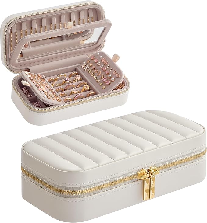 SONGMICS HOME Travel Jewelry Case, Travel Jewelry Box Organizer with Mirror, 4.1 x 8 x 2.4 Inches, Stitching, Portable, Gift Idea, Cloud White UJBC180W01