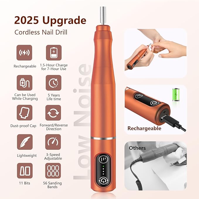 Cordless Nail Drill Electric Rechargeable File Kit, Professional Efile Acrylic Gel Nail Polish Remover Pedicure Manicure Machine Portable Set with 11 Bits 56 Sanding Bands for Salon Orange