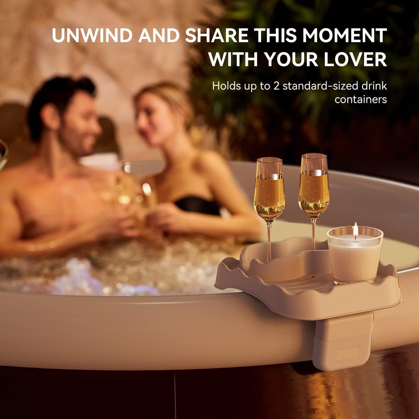 Anivia Hot Tub Table Tray, Adjustable Width 4.3" to 7.7" Hot Tub Accessories for Intex PureSpa, Nonslip Caddy Holds 2 Drinks, Keep Snacks-Drinks Handy and Dry, Fits Outdoor Inflatable Spa/Pool(Beige)
