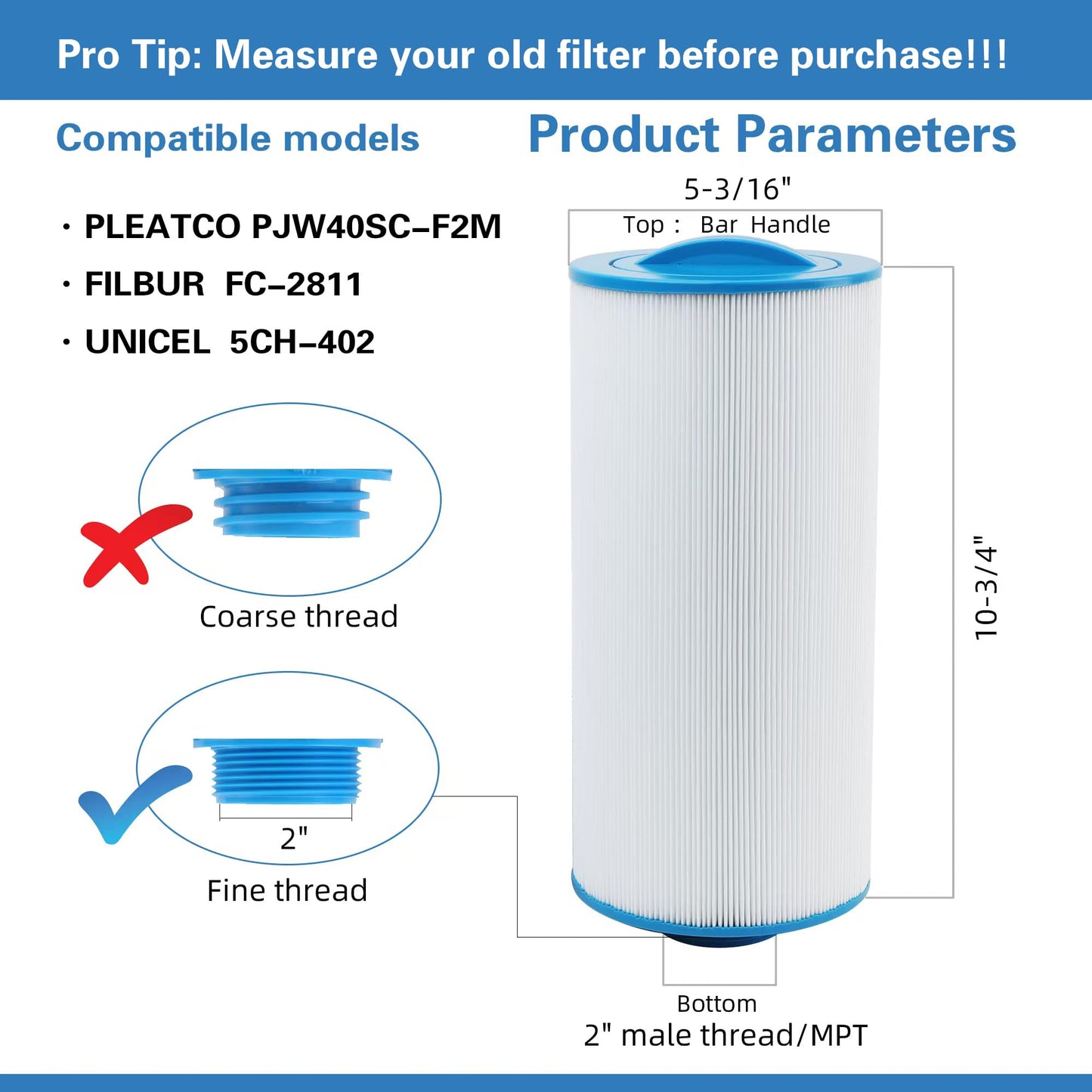 AmiBron 5CH-402 Replaces Tuff Spa Filter, Compatible with Sundance Spas 6540-723, Pleatco PJW40SC-F2M, Filbur FC-2811, Unicel 5CH-402, Del Sol Spas, 2" Male Thread/MPT 40 sq.ft. Hot Tub Filter 2 Pack