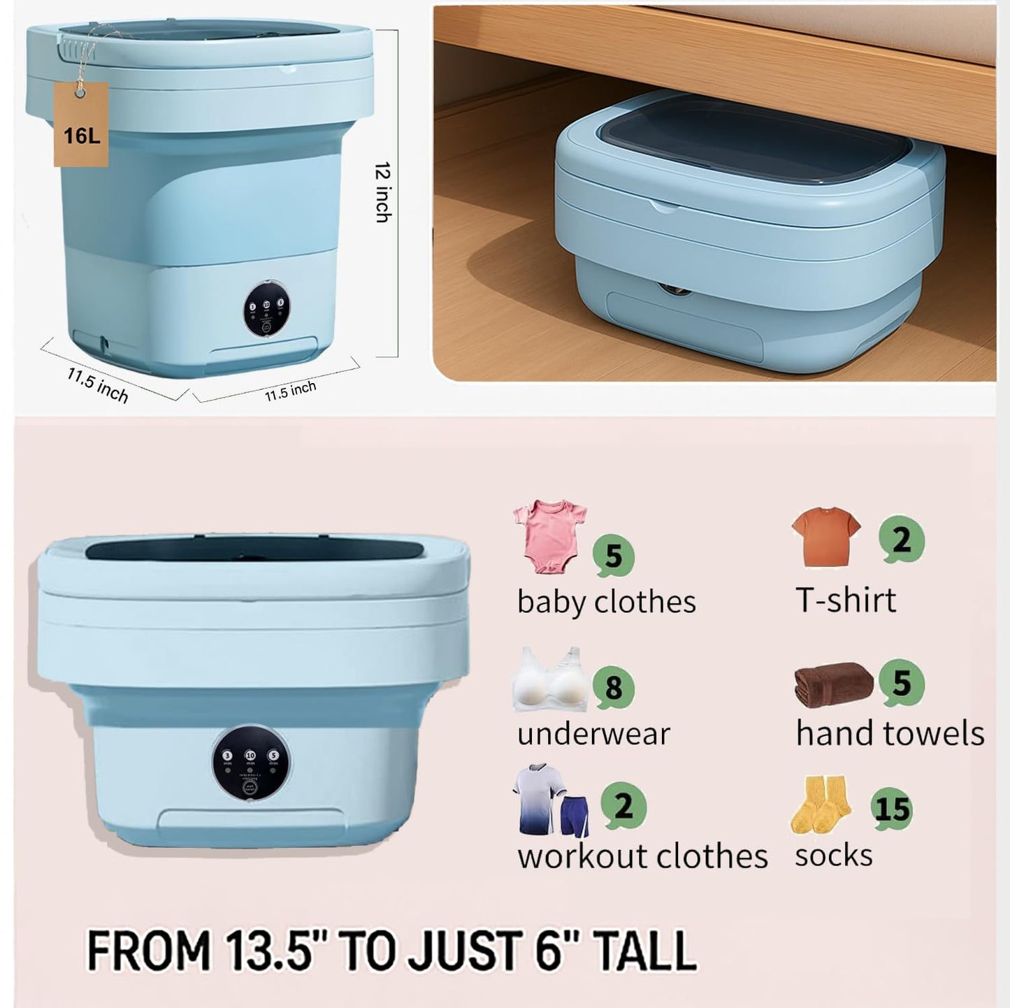 Portable Washing Machine 16L Foldable Mini Washer with Spin Basket, Drying Rack&Drainage Pipe – Compact Collapsible Laundry Set for Small Clothes, Space-Saving Washer for Apartments, Dorms, Travel&RV