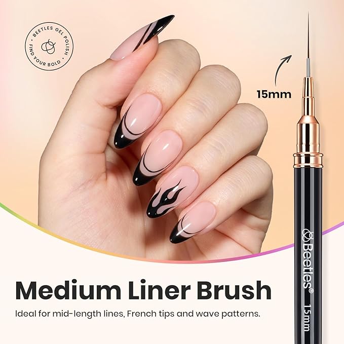 Beetles Liner Brushes for Nails 5pcs - Metallic Nail Art Brushes Black Nail Art Pens Liner Sizes 5/9/15/20/25mm with Palette Holder Painting Manicure Design Tools for Long Lines, Details, Fine Drawing