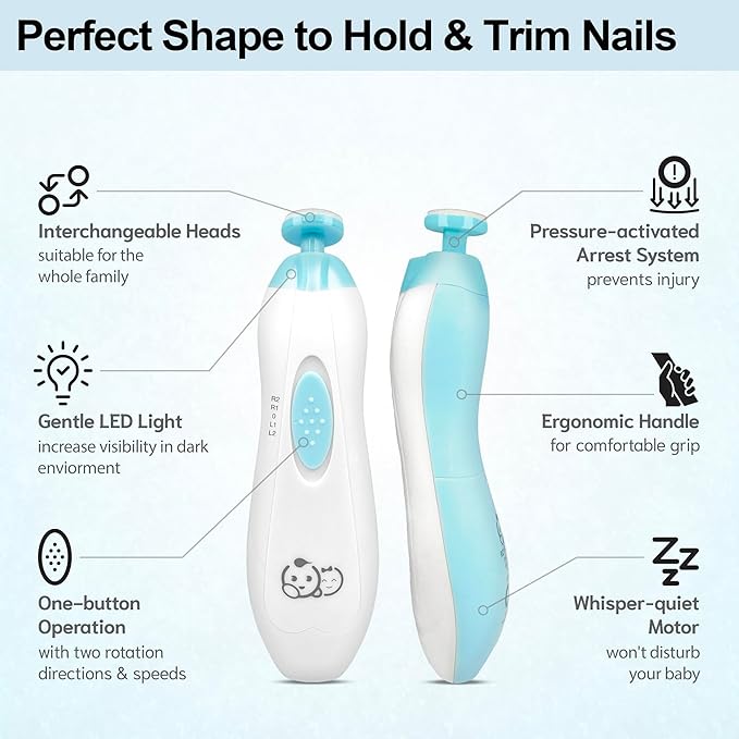 Royal Angels Upgraded 6 in 1 Baby Nail Trimmer with Labeled Case, 4 Colored Pads for Newborns to Toddlers, Whisper Quiet Electric Nail File with LED Light, Safe Manicure Set for Families (Babyblue)